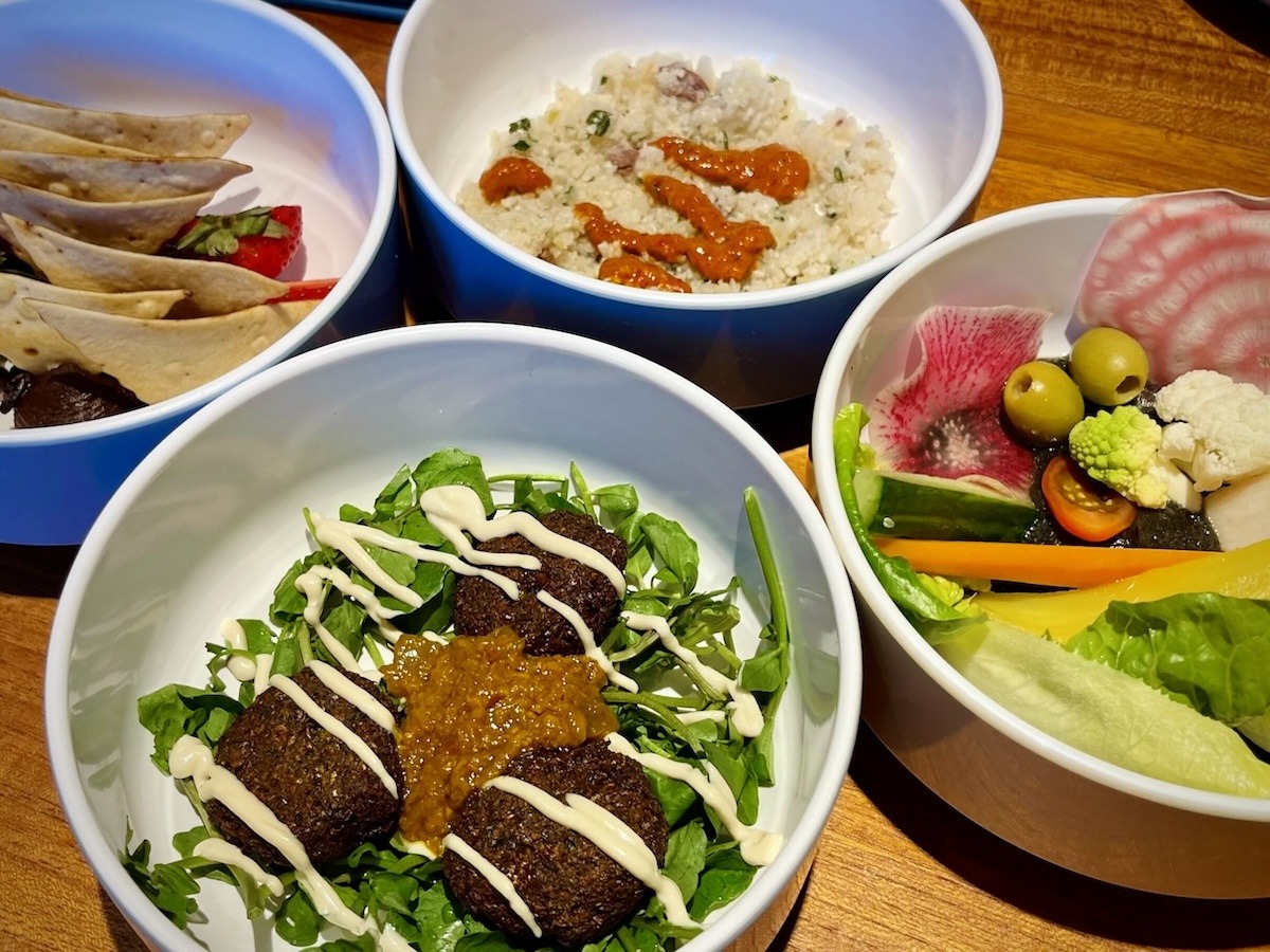 baba ganoush, cauliflower couscous, falafel, chocolate hummus from the mezze cart menu at The Dock House