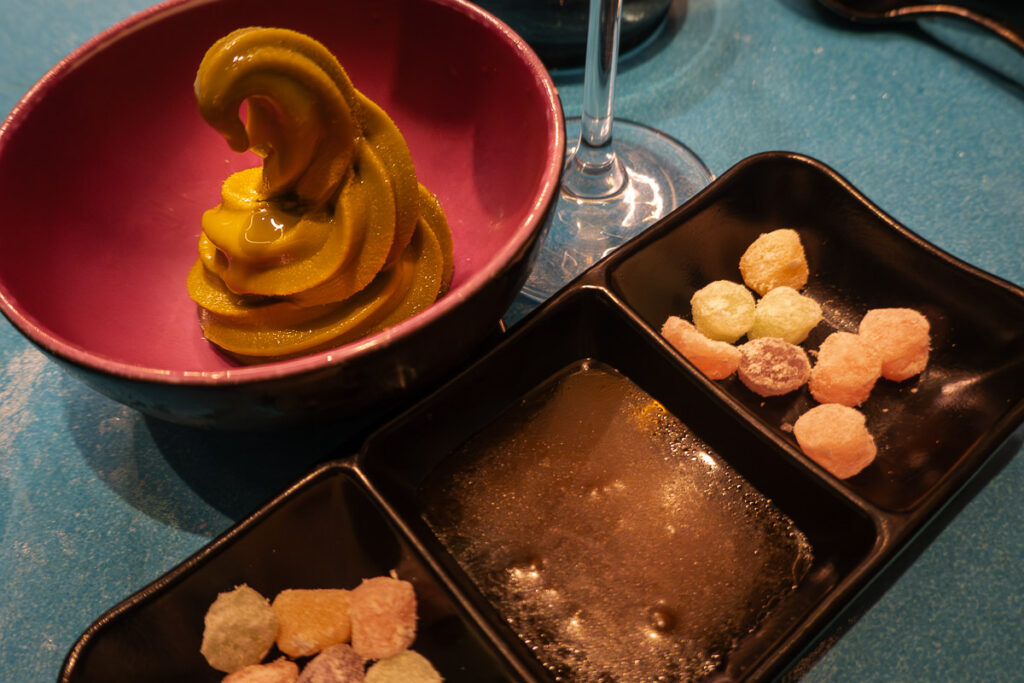 matcha green tea soft serve with toppings from Virgin Voyages Gunbae restaurant