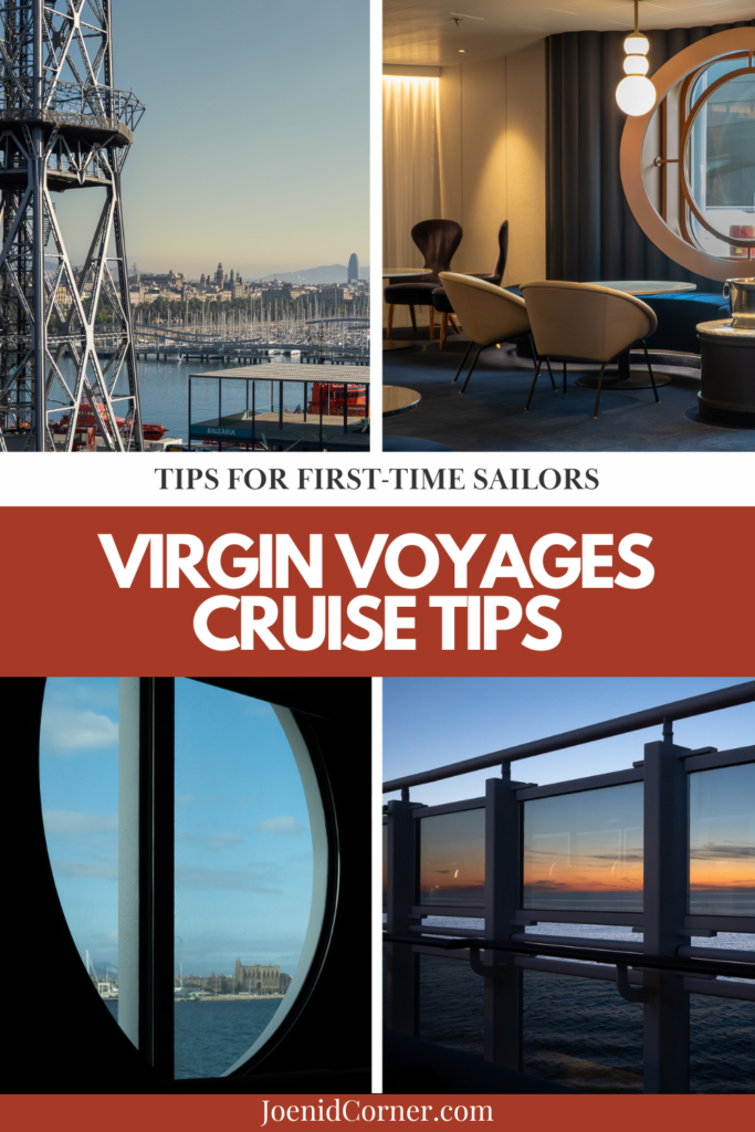 a collage of images of virgin voyages cruise ship and overlay text which states tips for first time sailors Virgin Voyages cruise tips