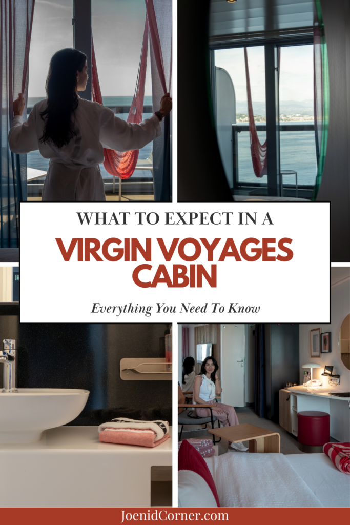 a collage of cruise cabin with an overlay text which says what to expect in a virgin voyages cabin which represents the virgin voyages cabin