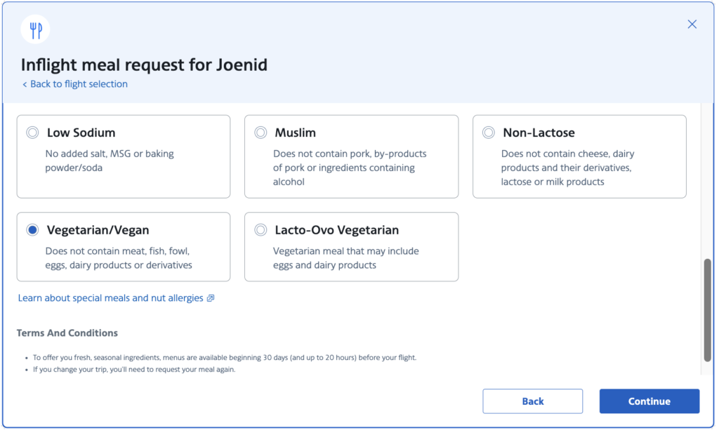 Vegan Option Inflight Meal Request American Airlines