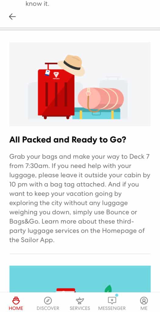 Screenshot of Virgin Voyages app for the disembarkation luggage instruction