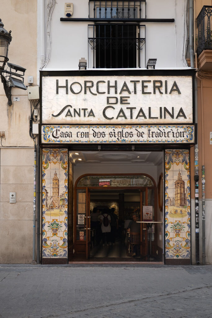 Entrance of a restaurant with the restaurant name called Horchateria De Santa Catalina in Valencia