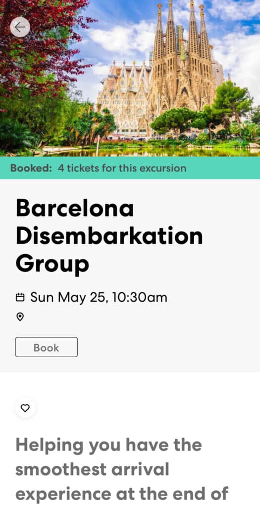 Screenshot of Virgin Voyages app for the Barcelona disembarkation group