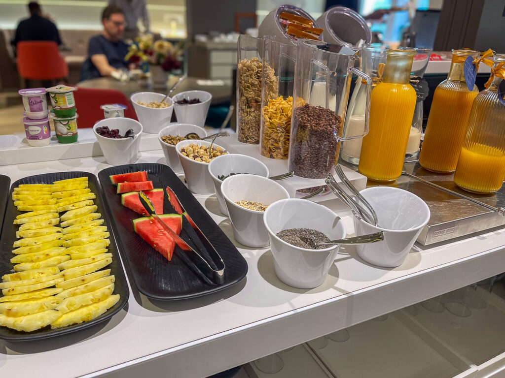 Vegan Breakfast options like juice, cereal and fruits from the SH Hotel Valencia Spain