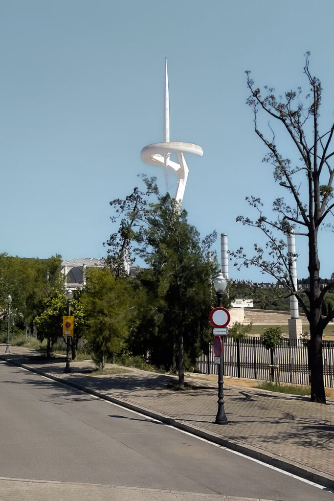 a white structure which is the Barcelona Montjuic communication tower of Santiago Calatrava