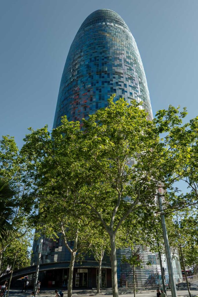 a blue structure which is the barcelona Torre Glories a must see in Barcelona