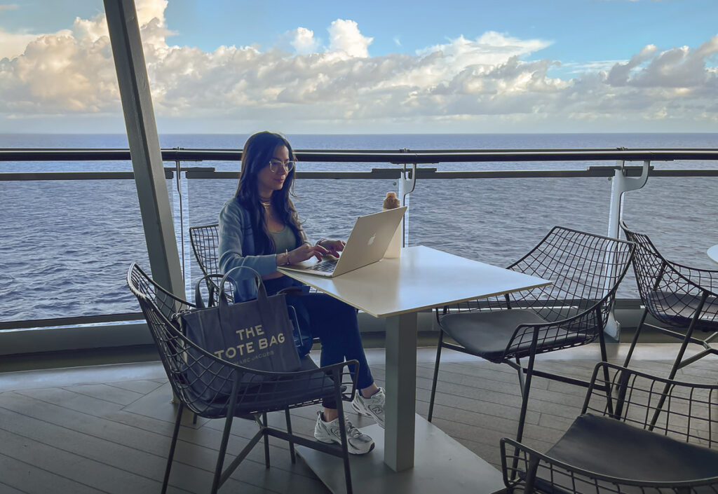 blogging from the outdoor area of The Galley Virgin Voyages cruise ship