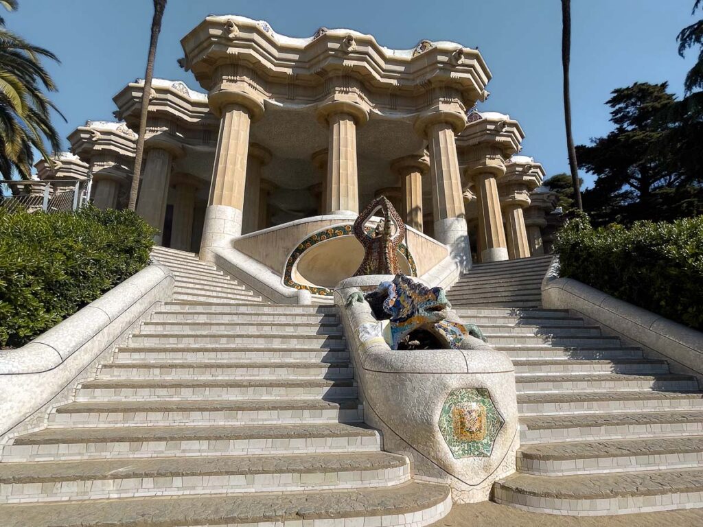 mosaic Lizard and monumental stairs in Park Guell Barcelona