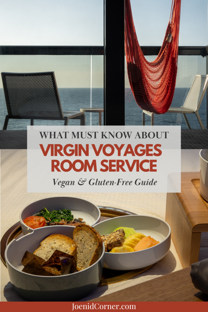 virgin voyages balcony and food on the bed which represents the virgin voyages room service vegan and gluten free options with an overlay text what must know about virgin voyages room service