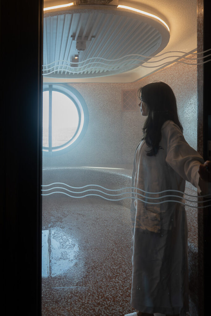 women entering the suite steam room in Virgin Voyages redemption spa thermal suite