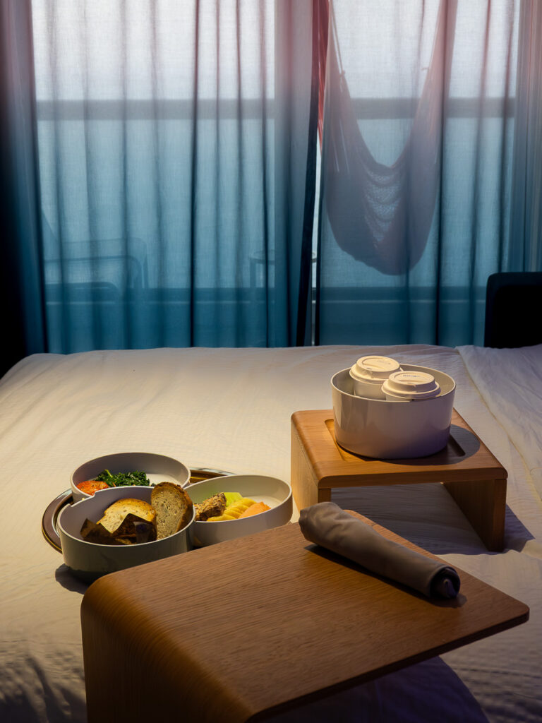 breakfast bread, fruits, and scrambled breakfast vegan option no egg only spinach and tomatoes virgin voyages room service