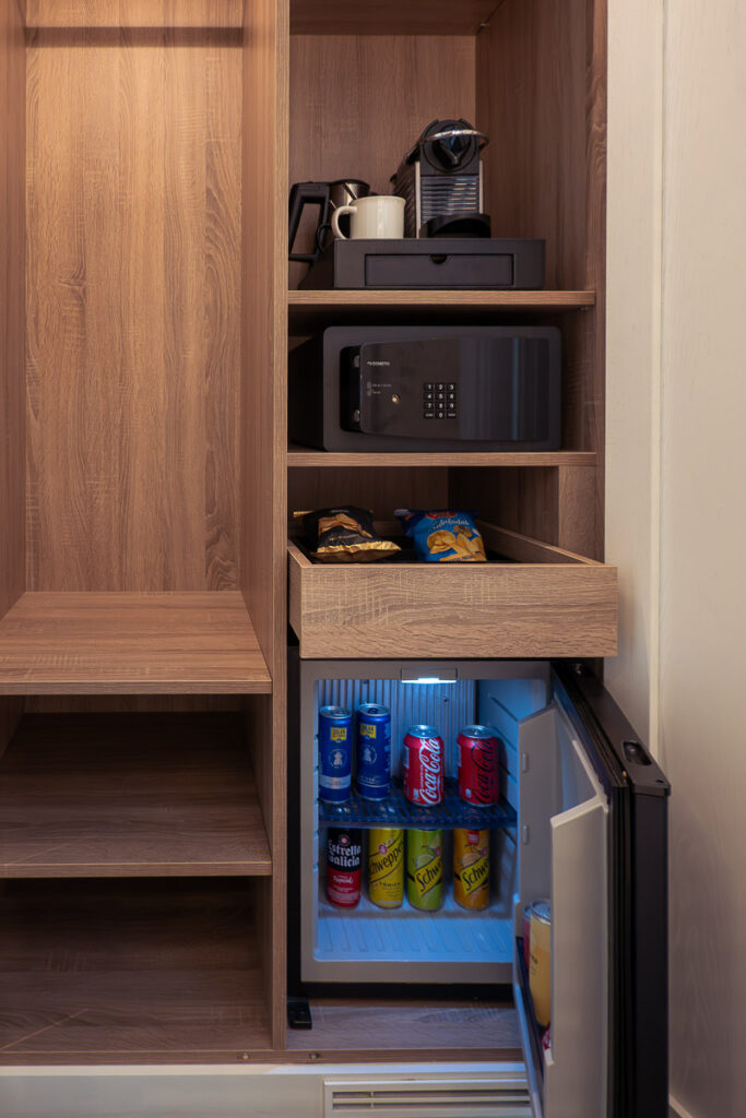 Barcelona Seventy hotel fridge, coffeemaker and safe