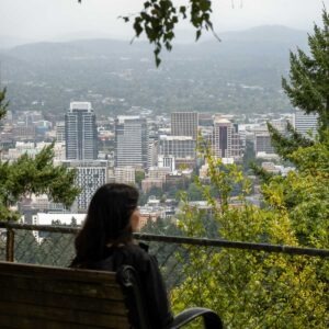 women looking the downton in the pittock mansion in portland oregon united states