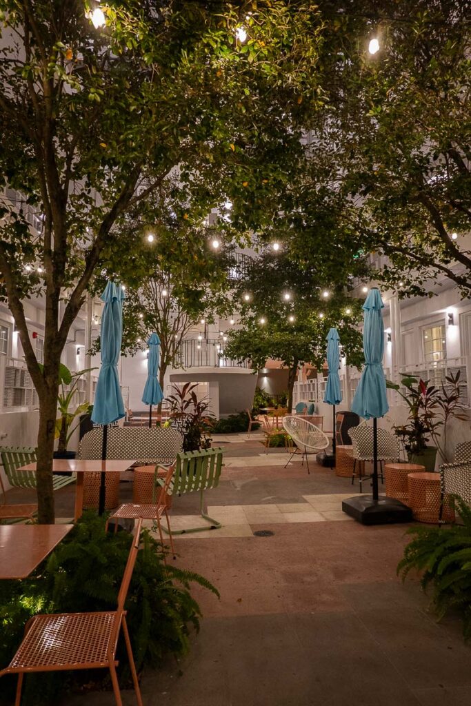 courtyard at night in the hotel greystone miami beach