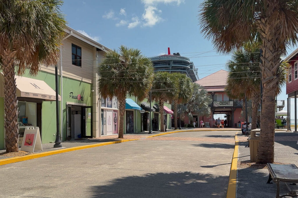 view of a street packed with shops which is one day in tortola itinerary bvi in the cruise port