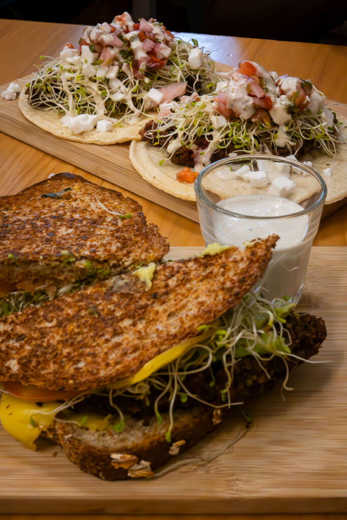 vegan tacos and vegan Patty Sammy which are the vegan breakfast miami beach options in under the mango tree