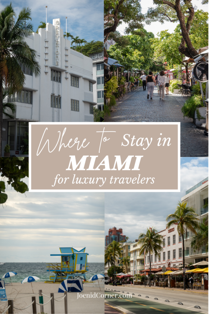 A collage for luxury travelers showing where to stay in miami before a cruise. Featuring the Art Deco exterior of Hotel Greystone, a michelin key hotel, a lush pedestrian walkway in Miami Beach, a blue lifeguard stand on the sand, and the vibrant architecture of Ocean Drive.