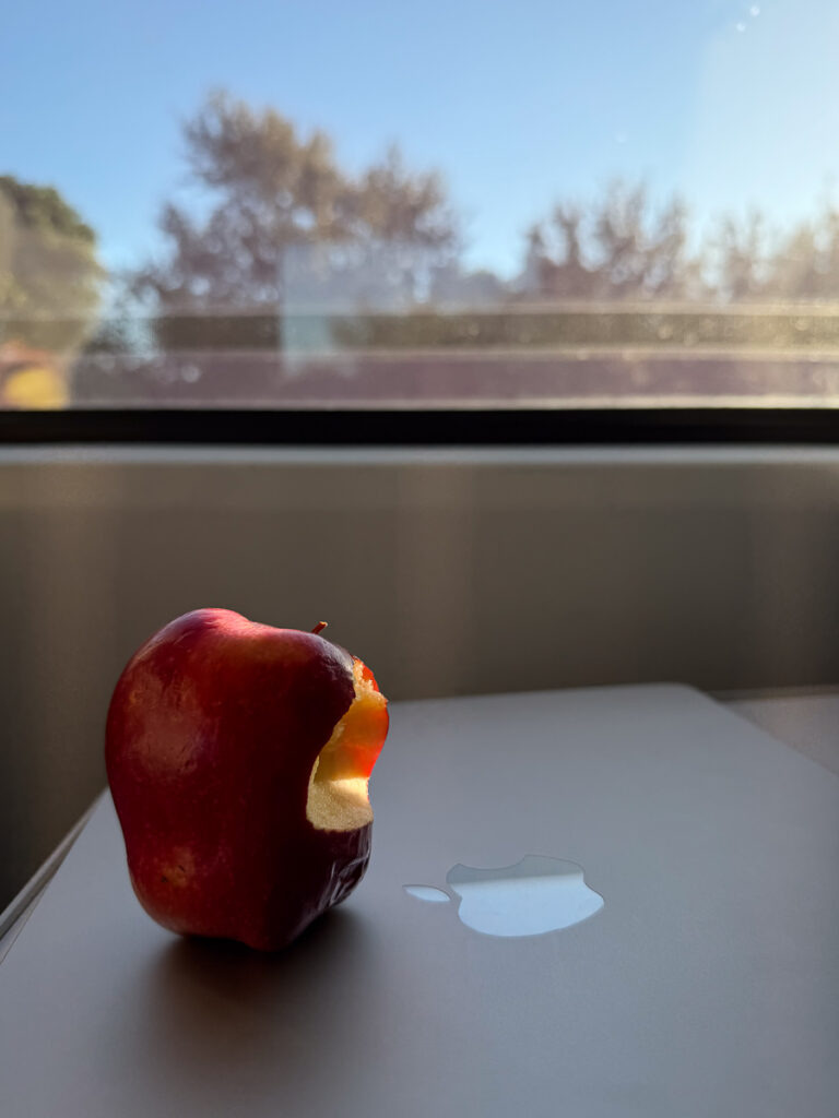 laptop and apple in the interior train of brighline