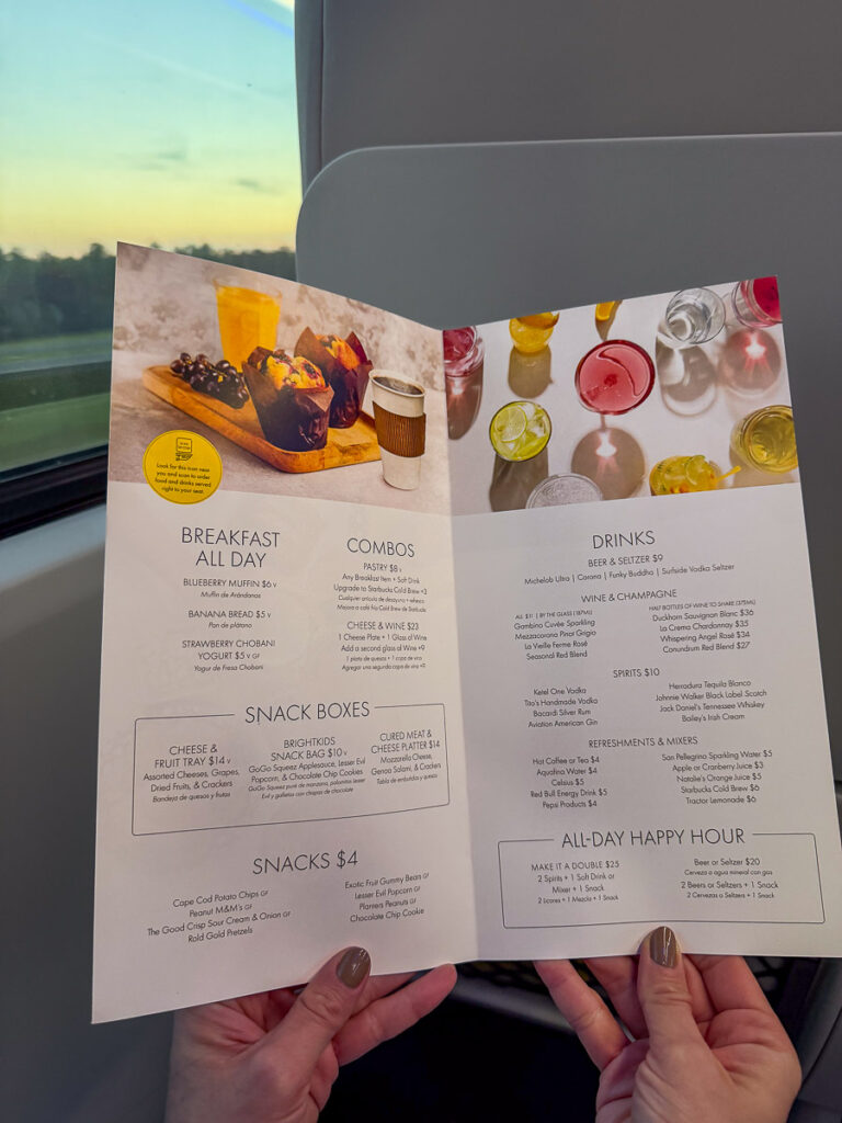 brightline train on board food menu prices