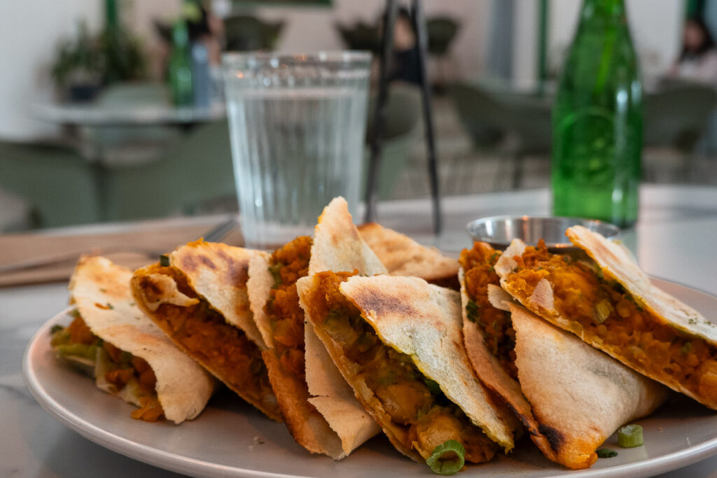 vegan chickpea quesadillas made with almond flour from la isla cafe restaurant which offers several vegan breakfast in san juan