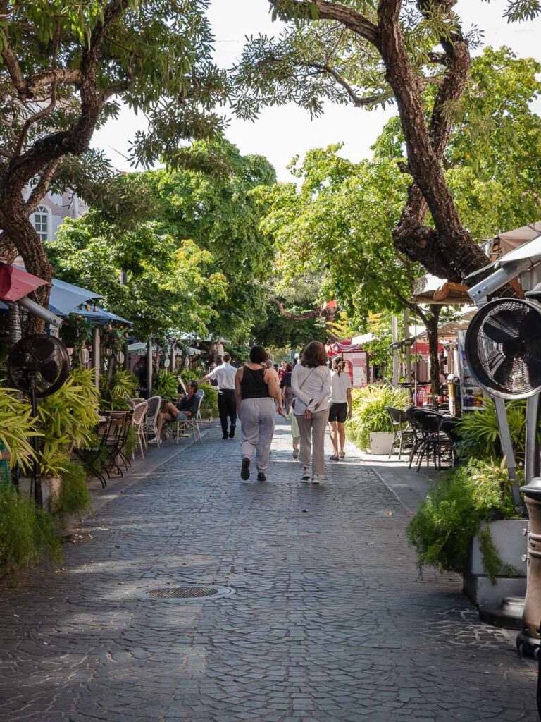 people walking a brick road surrounded by trees which represents the espanola way miami beach which is one of the spots on how to spend a day in miami