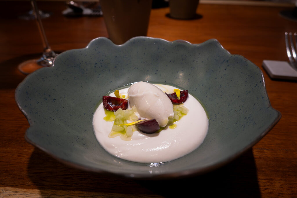 Ajoblanco cucumber salty almond sorbet a vegan must eat in Barcelona in Xavier Pellicer 