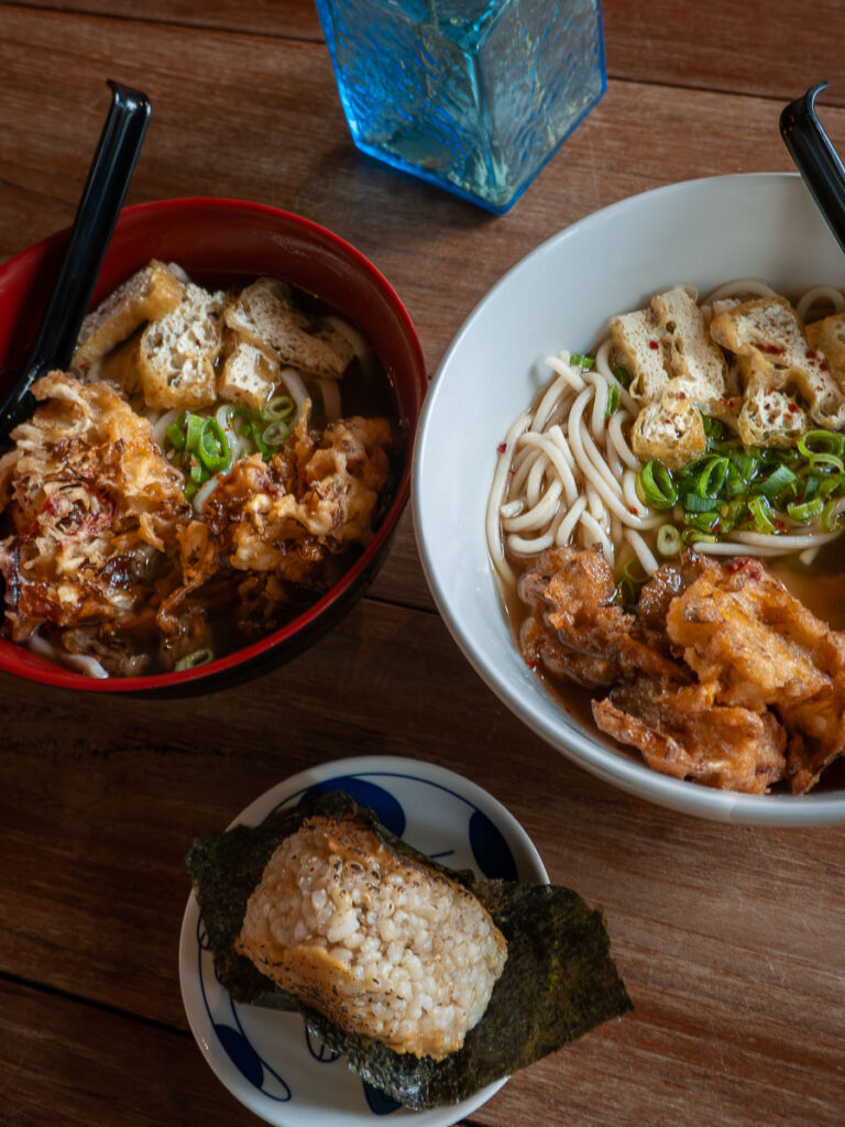 Obon Shokudo Portland tempura udon ramen and Onigiri garlic with white miso