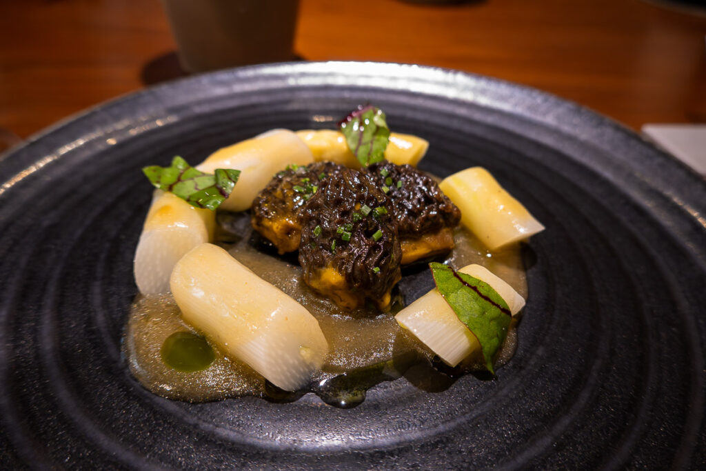 White asparagus, morel vegetables, and marinade from Xavier Pellicer
