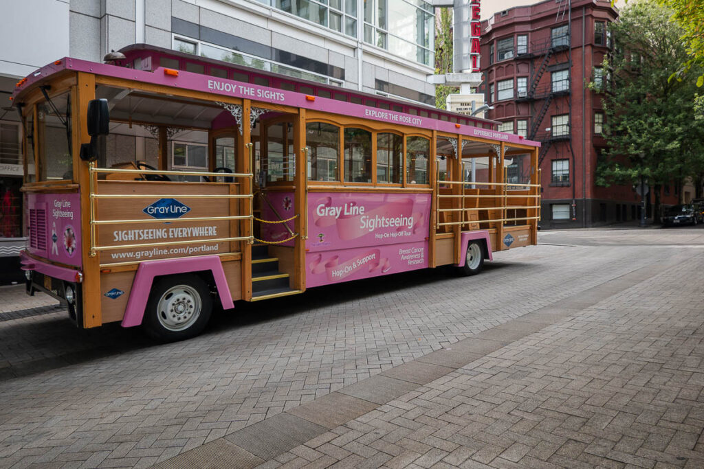 Portland pink trolley gray line which is a thing to do in one day in Portland Oregon