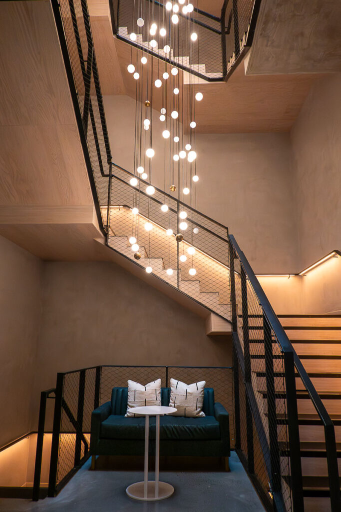 Cascada hotel lobby staircase in Portland