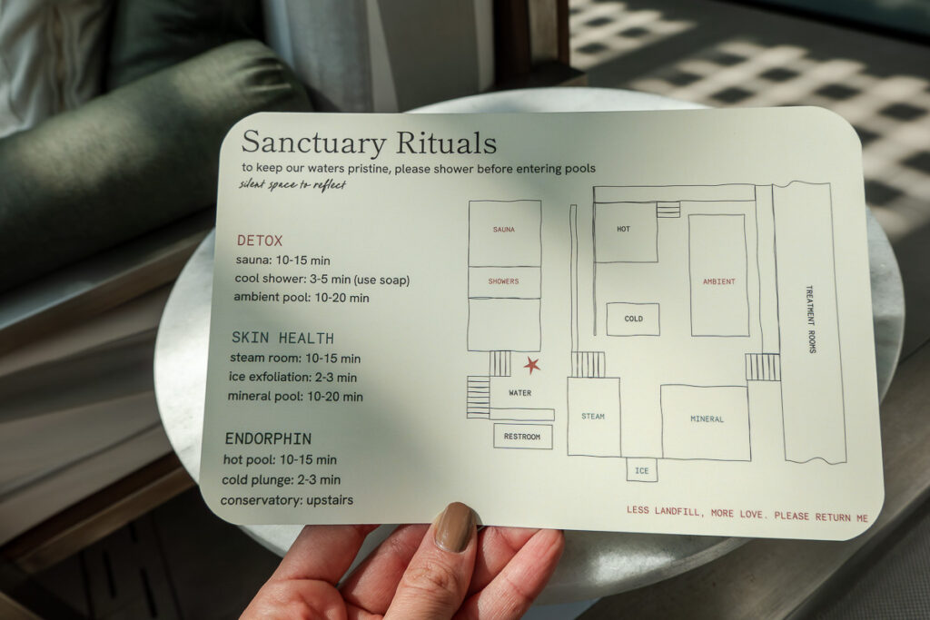 image of sanctuary rituals the detox, the skin health and the endorphin and a floor map of the Cascada Thermal Spa Portland