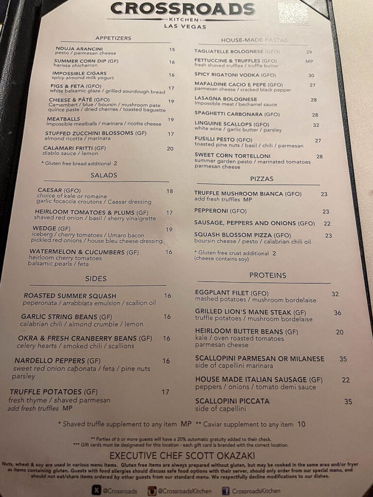 Crossroads Kitchen Las Vegas menu a vegan restaurant Las Vegas