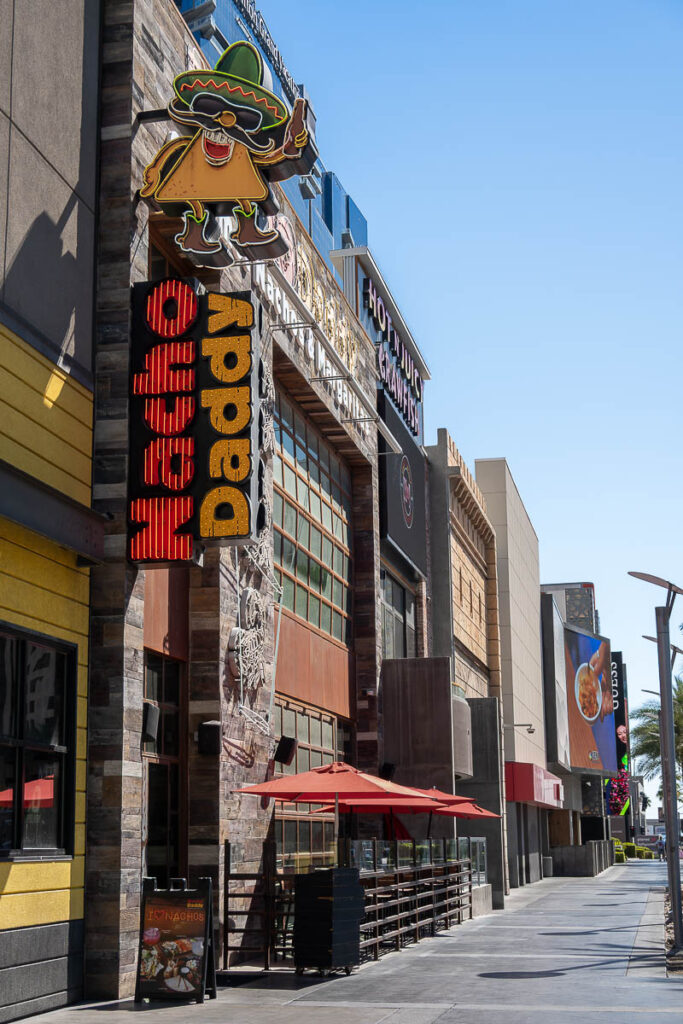 Exterior of Nacho Daddy for a Mexican vegan food on Las Vegas Strip