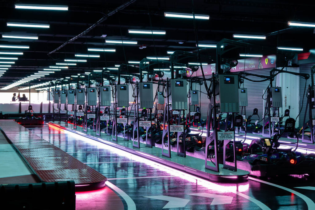 inside the Formula 1 go karts Las Vegas which is one of the fun things to do in Vegas