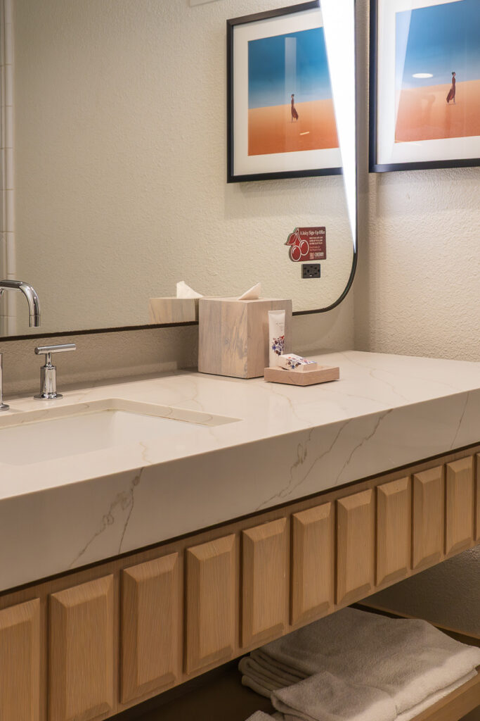 bathroom from Virgin hotel Las Vegas one of the room affordable in Vegas