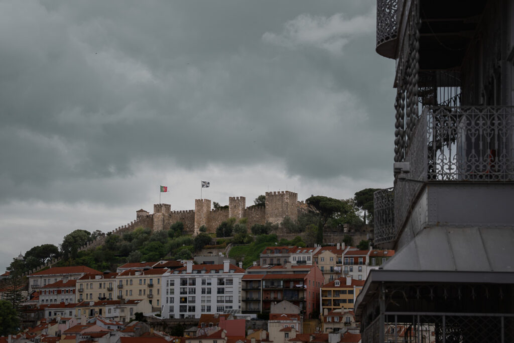 View of Castelo Sao Jorge and Santa Justa Lift from behind Carmo Convent