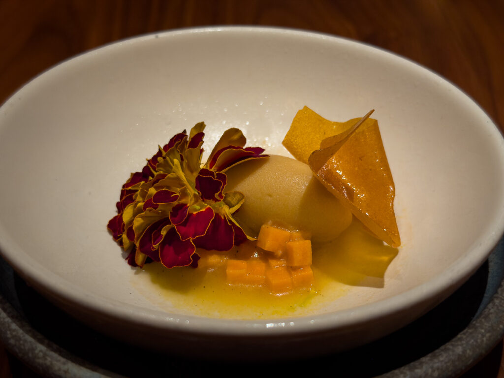 pumpkin seed rangpur lime marigold from Encanto restaurant Lisbon a Michelin Star vegan option and vegetarian restaurant
