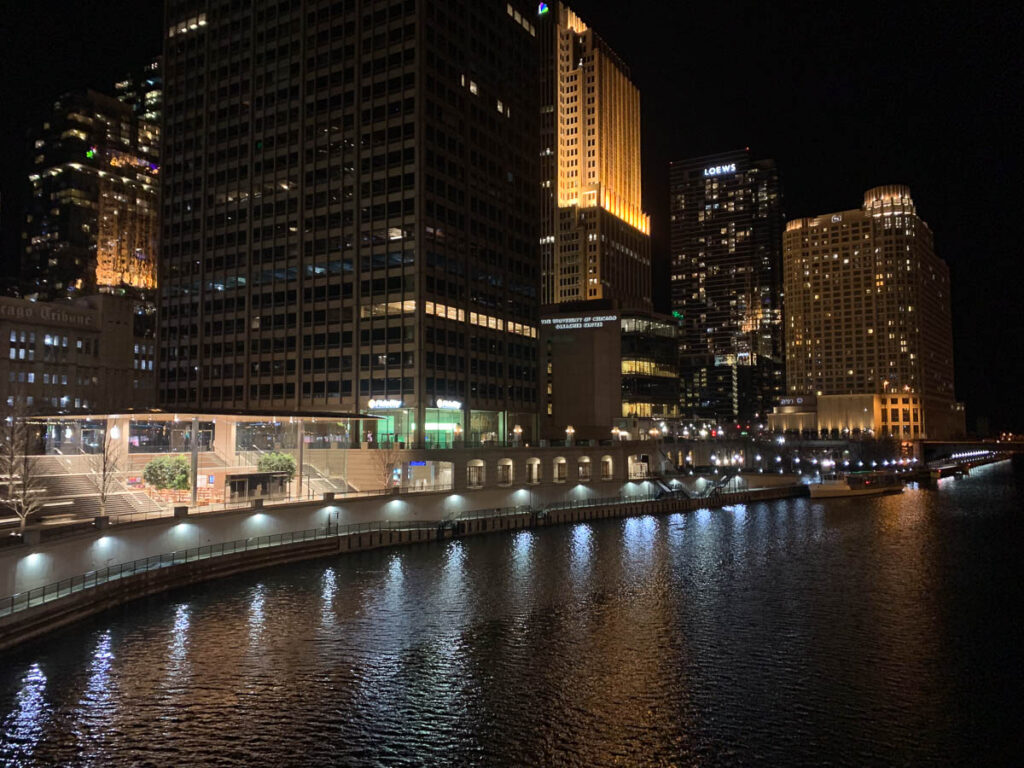 Chicago River at Night Apple Store